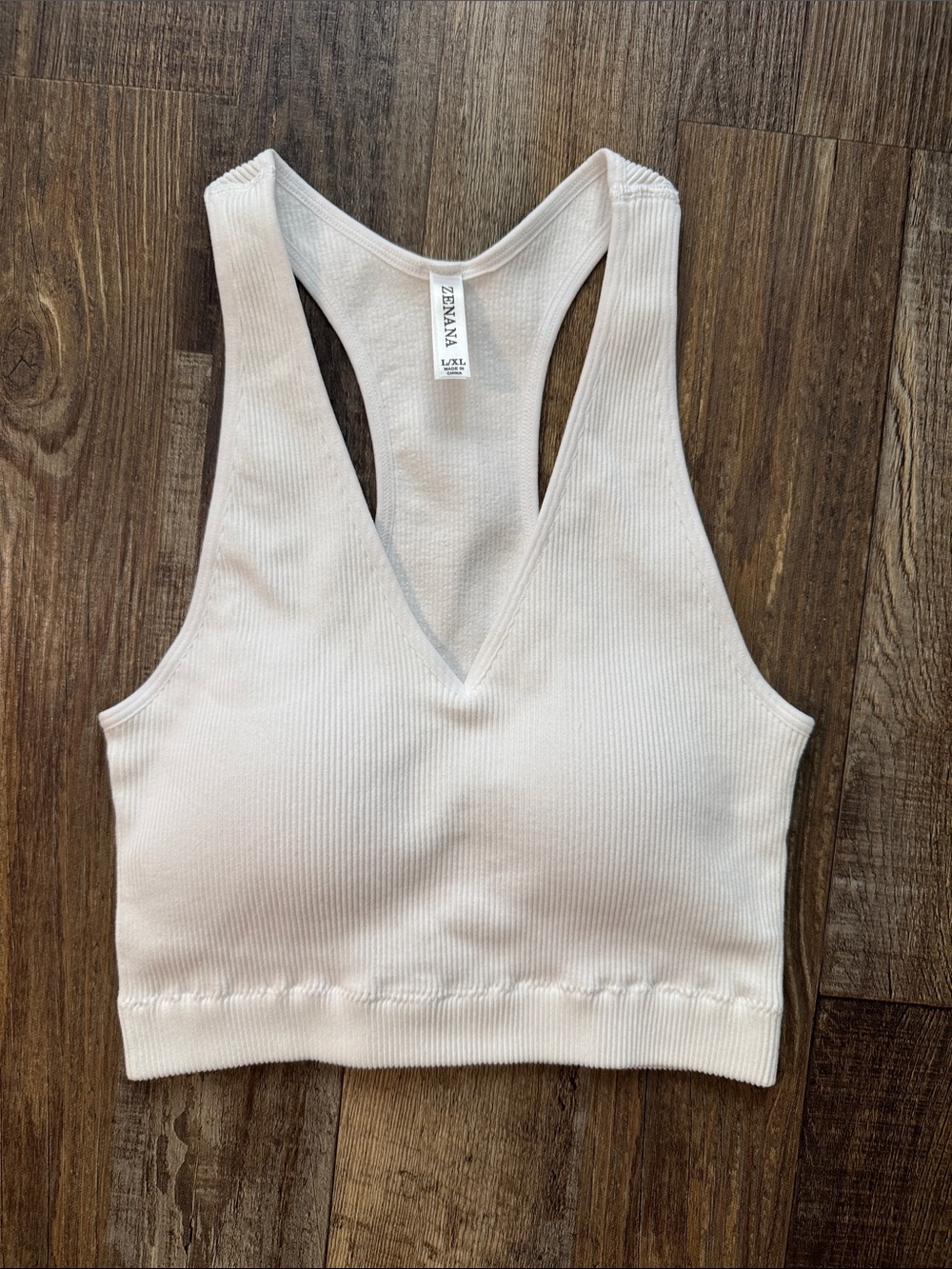 Zenana Outfitters Ribbed V‑Neck Racerback Sports Bra White